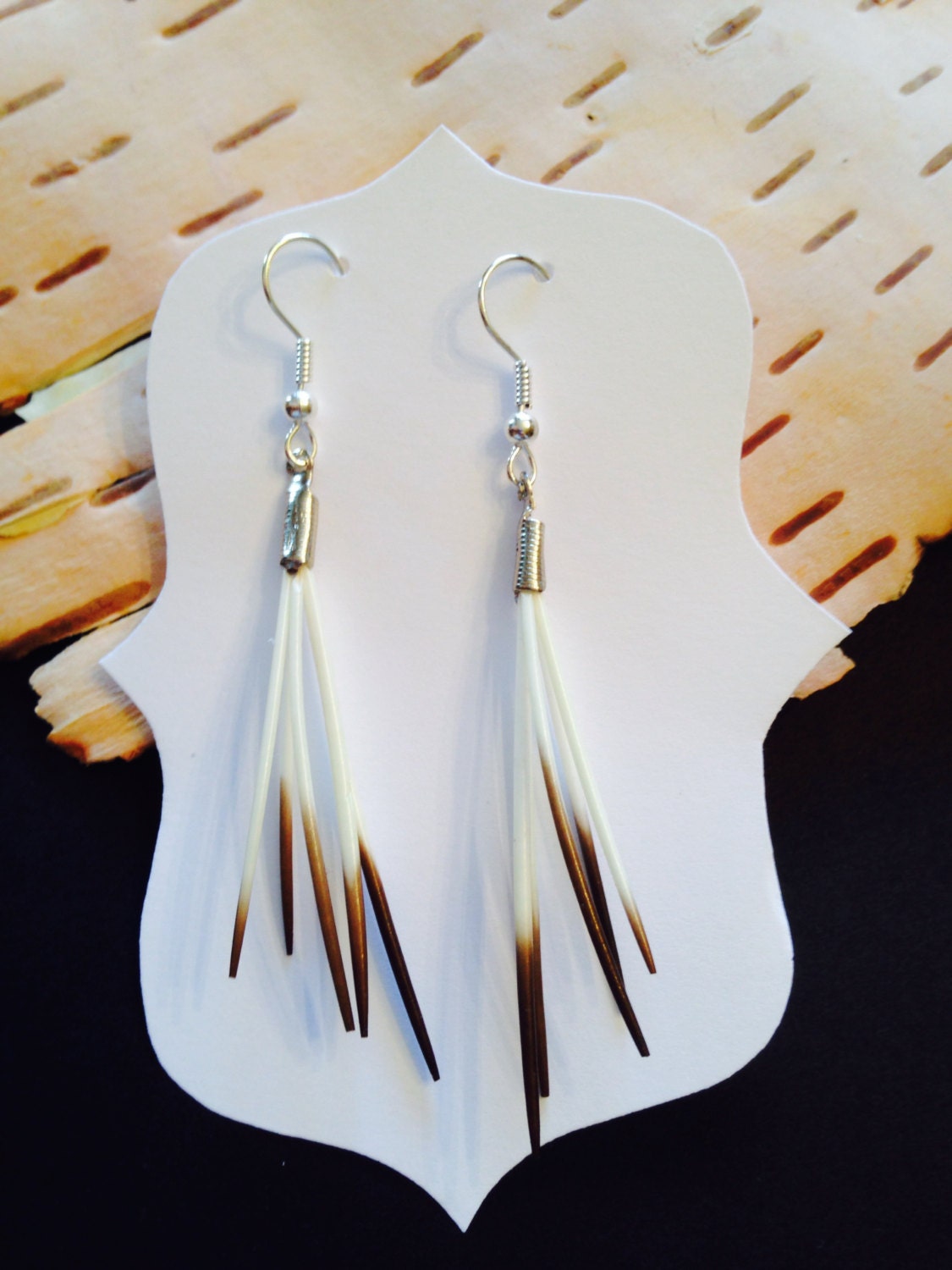 Porcupine quill earrings 2 inch. Native American Sterling