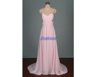 Floor length pink chiffon prom dress with train,elegant women dresses ...