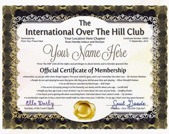 Over the hill club or old farts clu b official certificate of Over the hill club or old farts clu b official certificate of