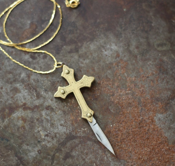 Vintage Brass Crucifix Cross Pocket Knife Necklace