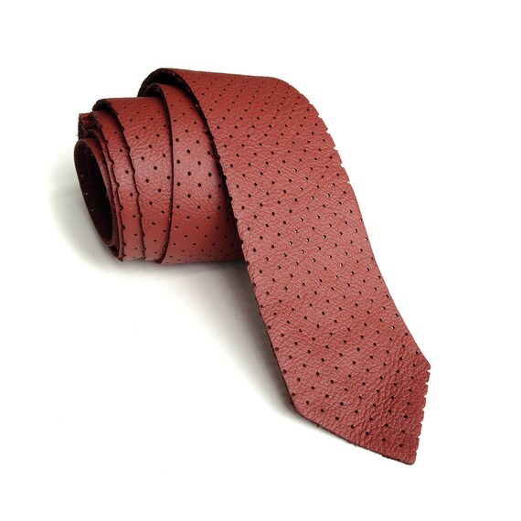Items similar to Oxblood leather necktie. Perforated leather mens slim