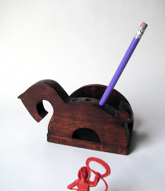 Vintage Pencil Holder Horse Office Wood Scout Craft