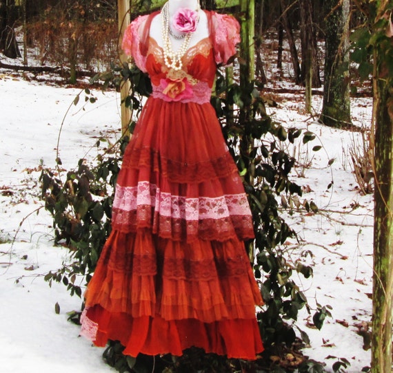 Boho rust  dress  silk lace ruffles rustic  wedding  bridesmaid 