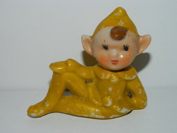 Vintage Ceramic Elf Pixie Yellow Gnome X-Mas Decorative