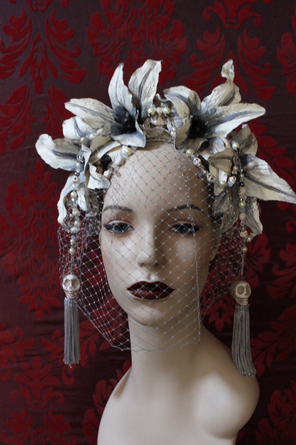 The Grey Lady Headdress of handpainted Grey Lilies Howlite