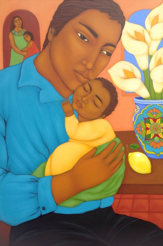 Father and Child Mexican Folk Art Portrait Print of Painting