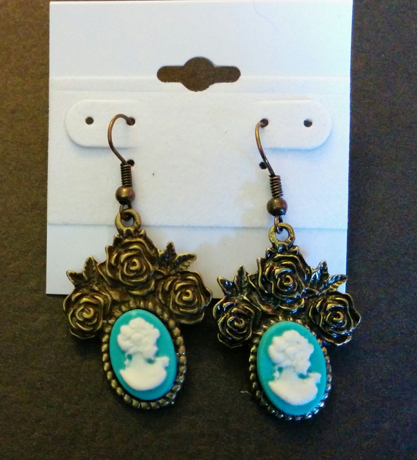 Teal Cameo Lady Earrings with bronze rose by NewWorldEmily on Etsy
