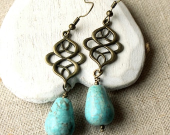 Turquoise Drop Earrings, choose HOOKS or Clips, Turquoise dangle earrings, Boucles D'Oreilles turquoise jewellery E242