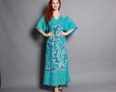 70s BATIK MAXI Dress / Summery Turquoise Seahorse Ethnic Cotton Caftan Dress, xs-m