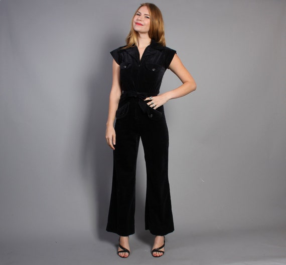 70s VELVET JUMPSUIT / Fitted Black Bell Bottom Romper xss