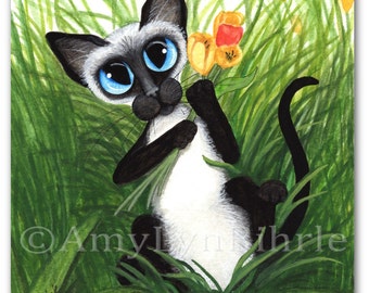 Siamese Cat Tulips for you Art - Original Painting by AmyLyn Bihrle ck433