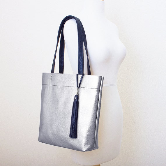 Metallic Silver Leather Tote with Tassel Purse by JillyDesigns