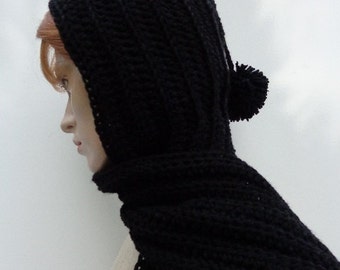 Hooded Scarf Dark Black - Black Scoodie - Black Pixie Hood - Crochet Hat and Scarf