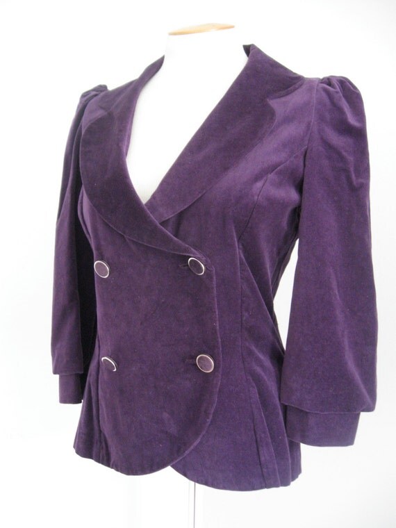 Purple Eggplant Velvet Jacket Puffed Sleeve Double Breasted