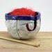 Ceramic Yarn Bowl for knitting or crochet, indigo cobalt blue chevron design with red buttons