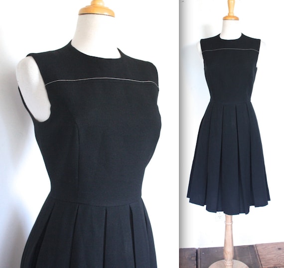 Vintage 1960's Dress // 60s Black Pleated Skirt Day Dress