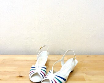 Vintage Penaljo Shoes / Leather Sandals / White Heels / Slingback Pumps / Pop of Color / Open Toe Shoes 6M