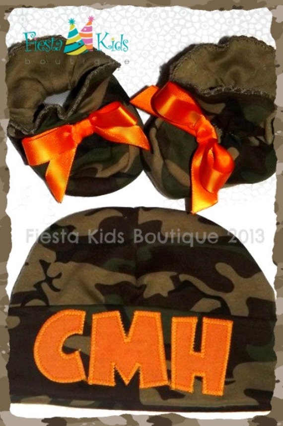 hat  with boy, baby booties, other beanie beanie Camo name name,  orange hat and newborn