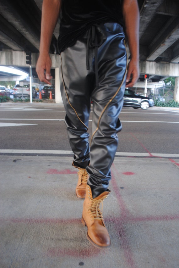 Zipper Detail Leather Pants / Black Drop Crotch Harem Pants