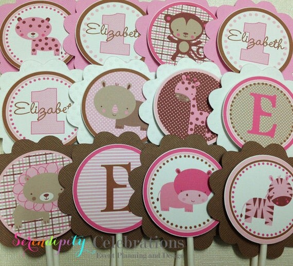 Set of 12 Personalized Cupcake Toppers -Girl Safari -Pink Jungle Animals -Baby Shower -Birthday -Zoo Animals Il_570xn