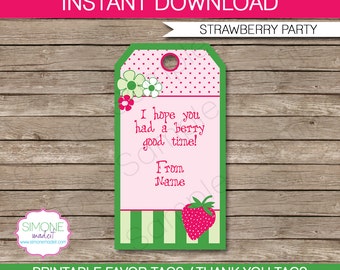 Strawberry Shortcake Favor Tags - Thank You Tags - Birthday Party Favors - INSTANT DOWNLOAD with EDITABLE text - you personalize at home
