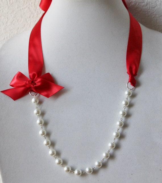White Pearl and Red Ribbon Bow Necklace