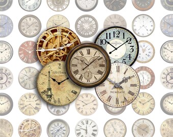 Clock Faces Bottlecap Images / Vintage Antique Clocks / Printable Bottle Cap Images 1-Inch Circles Digital Collage / Instant Download