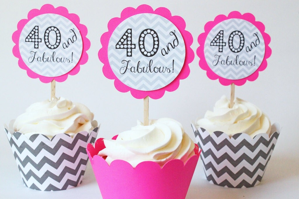  40th Birthday Party Cupcake Toppers Neon Pink by 