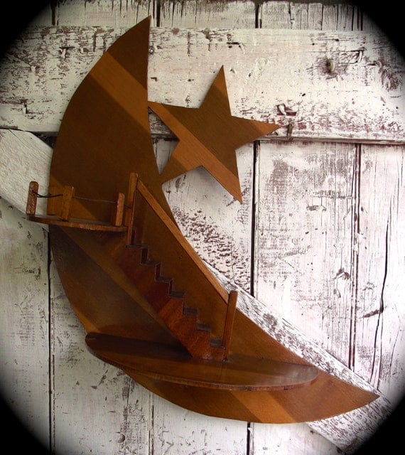 Vintage Crescent Moon Wall Shelf 1940's Art Deco Wood