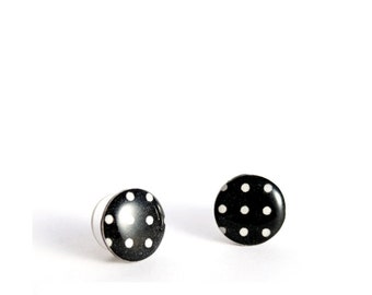black stud earrings black and white post earrings polka dot studs resin ear studs black earrings rockabilly jewelry cute earrings pin up