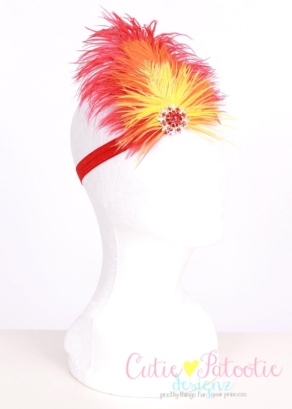 READY TO SHIP: Fiery Phoenix Stretchy Feather Headband - Red Orange Yellow - Bird Costume Accessory - Fits toddler to adult Il_570xn