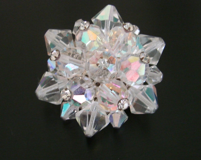 50s Austrian Crystal Aurora Borealis Rhinestone Cluster Brooch / Wedding / Bridal / Vintage / Jewelry / Jewellery