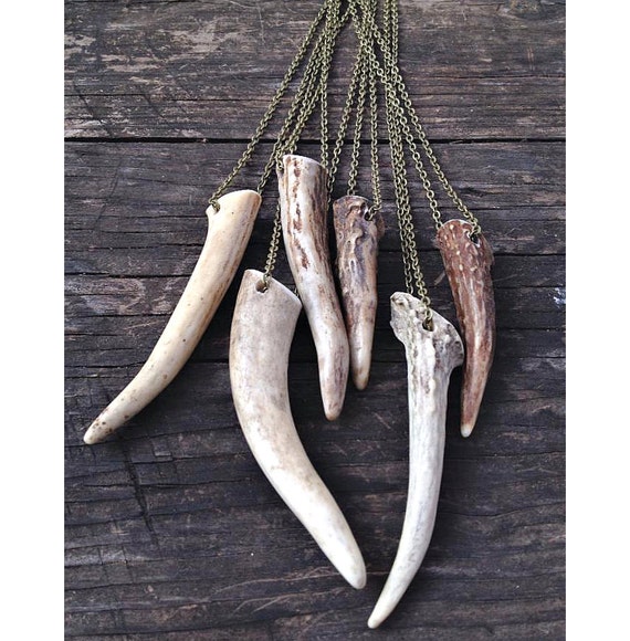 handcrafted genuine naturally shed antler tine necklace, long bronze chain.
