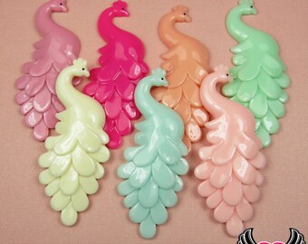 4 pc Large PEACOCK Flatback Acrylic Decoden Cabochons 71x30mm DIY Cellphone Case Cabochon