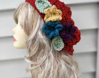 Chunky Crochet Hat Womens Crochet Hat Crochet Beanie Hat Winter Hat Women Hair Accessories Womens Accessories Red Crochet Hat Flower Hat
