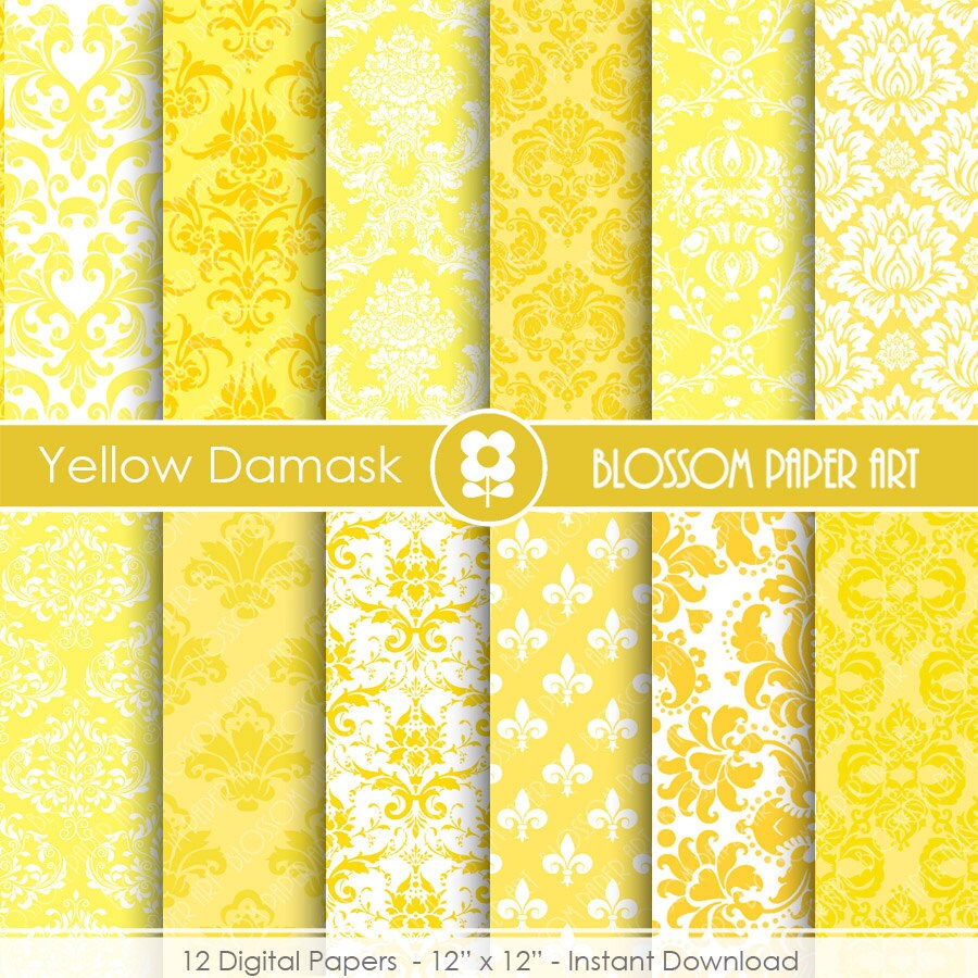 Yellow Digital Paper Yellow Damask Digital Paper Scrapbook