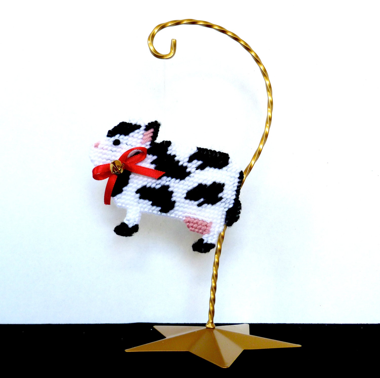 Christmas Ornament Cow Plastic Canvas Farm Animal Tree Hanging Handmade Needlecraft Holiday Decoration