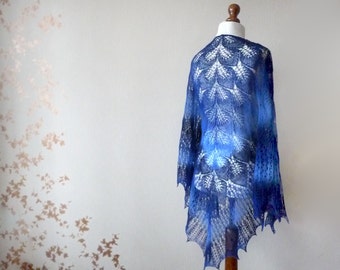 Hand Knit wool woman shawl in blue color