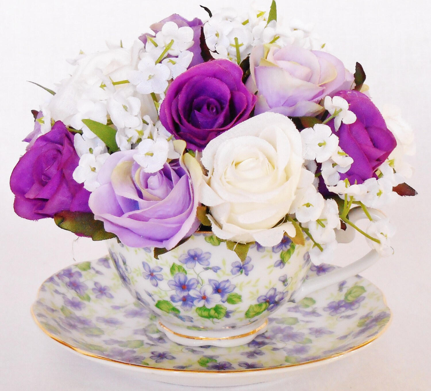 Teacup Flowers Purple Lavender & White Rosebuds Vintage
