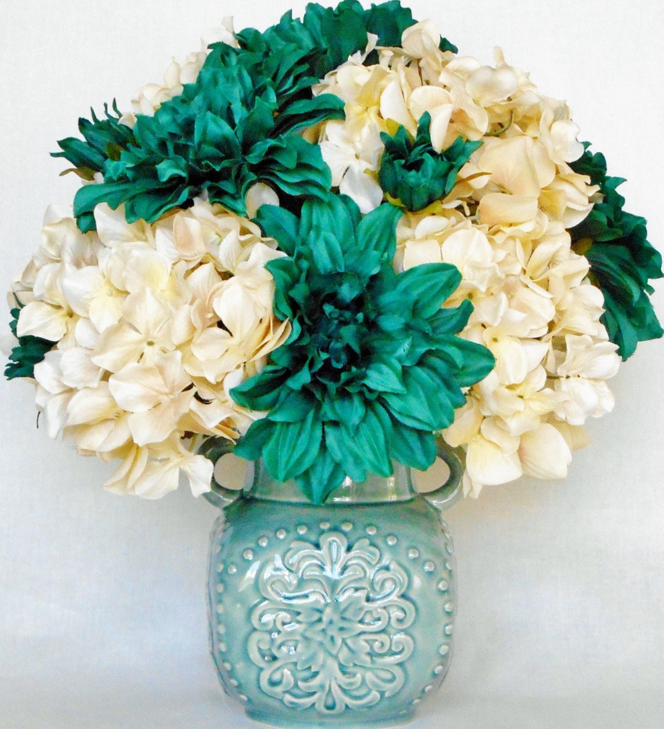 Artificial Flower Arrangement Green/Teal Dahlias & Cream