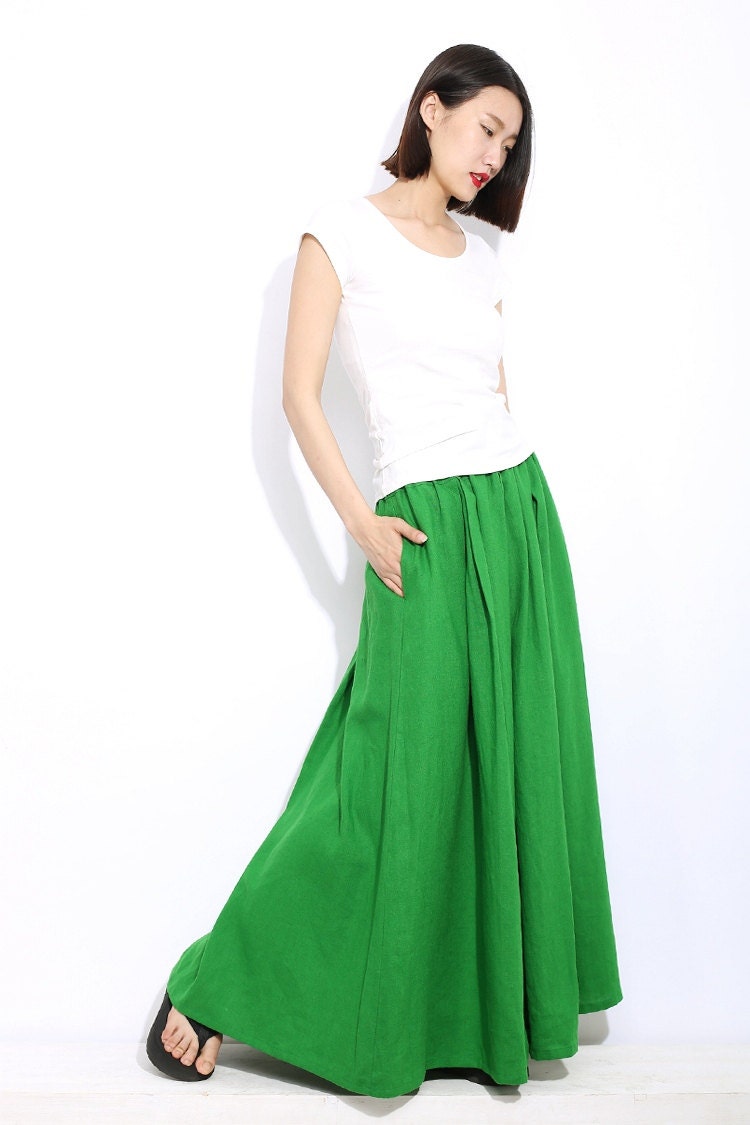 Green linen skirt maxi skirt women long skirt C310