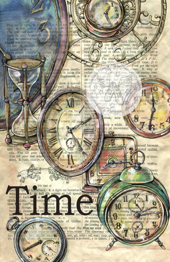 PRINT:  Old Clocks Drawn on Dictionary Page