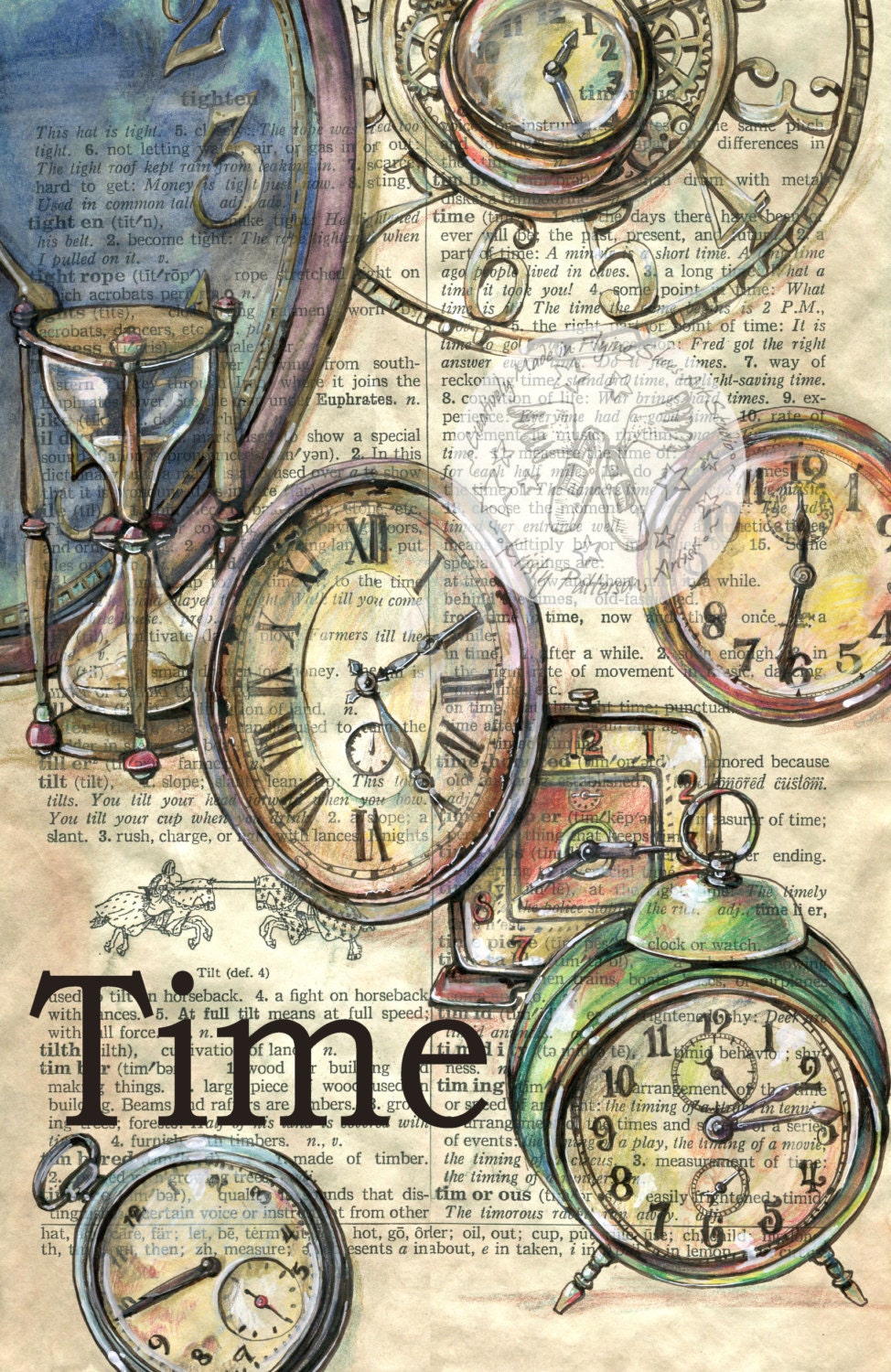 PRINT Old Clocks Drawn on Dictionary Page