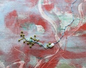 Oil and Wax Painting with Embroidery and Sequins Blue-Green and Red
