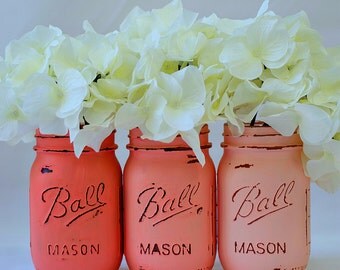 Coral Painted & Distressed Mason Jars – Mason Jars in Ombre Coral, Ombre Peach