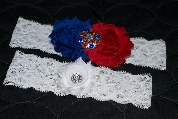 Wedding Garter Red, White & Blue Shabby Flower Lace-Bridal Garter-Wedding Accessory-Toss Garter