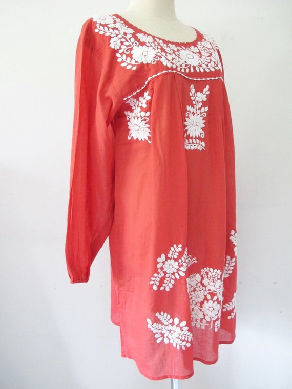 Embroidered Mexican Dress Long Sleeve Cotton Tunic In Red