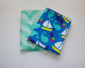 Baby Burp Cloths, Multi Colored Whales And Sailboats, Nautical Theme, Sea Green Ombre Chevron, Baby Shower Gift, Nursery Decor,