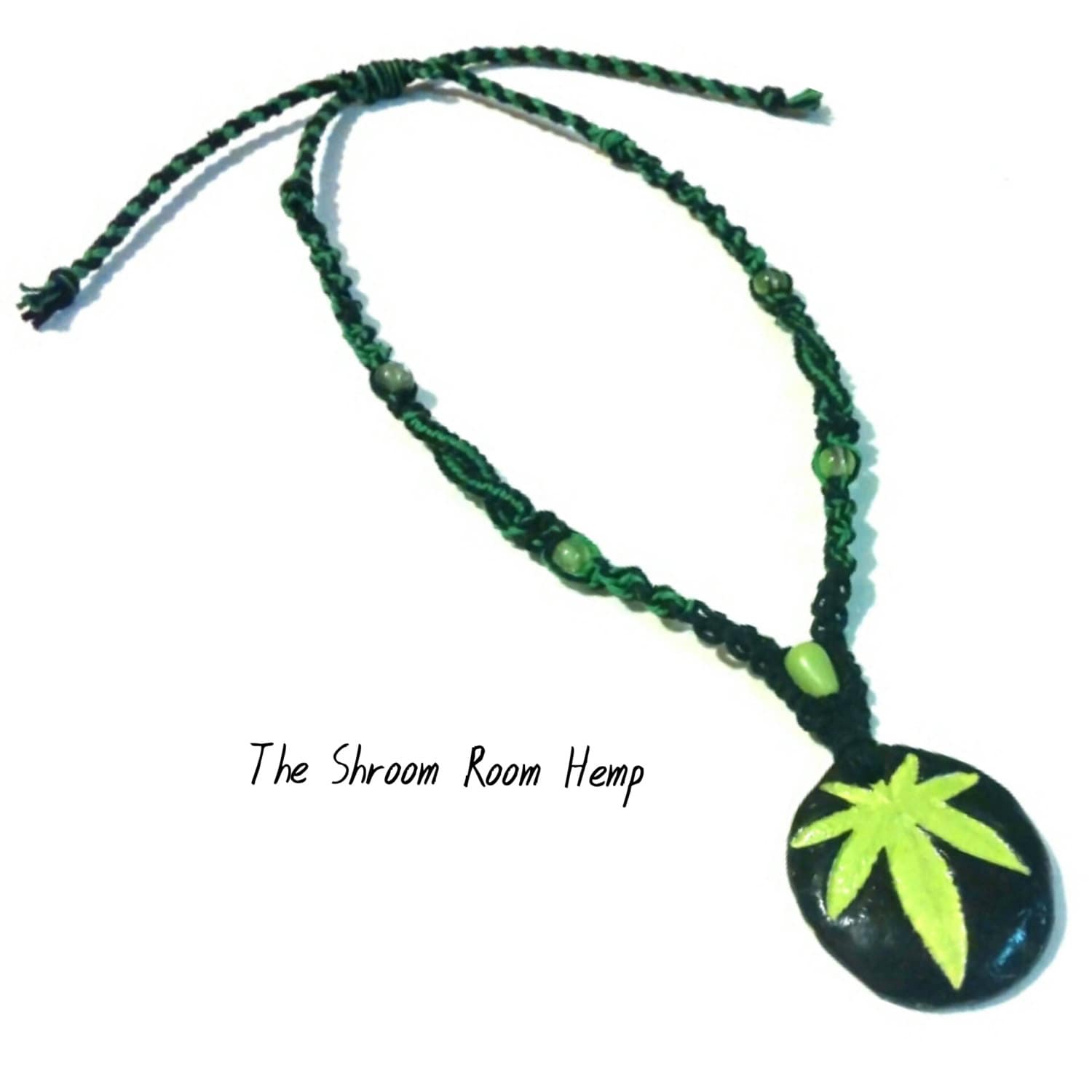 Handmade Hemp Leaf Pendant Adjustable Necklace with Black and