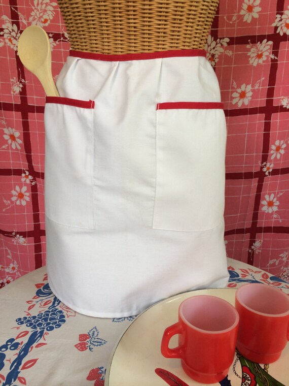 Items similar to Vintage Apron Red and White Kitchen Apron with Two